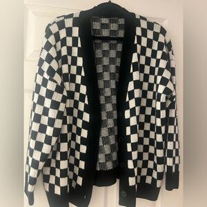 Black and White Checkerboard Button-Up Sweater Cardigan